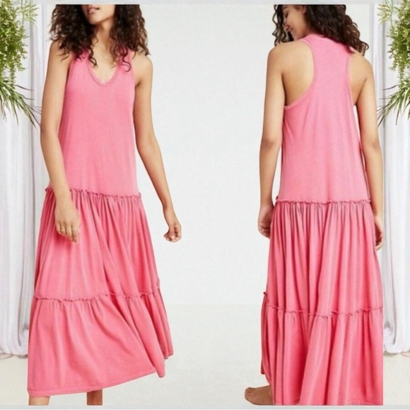 🌻Anthropologie Sundry Coral Pink Tiered Sleeveless Maxi Dress Size 4/XL - Picture 6 of 7